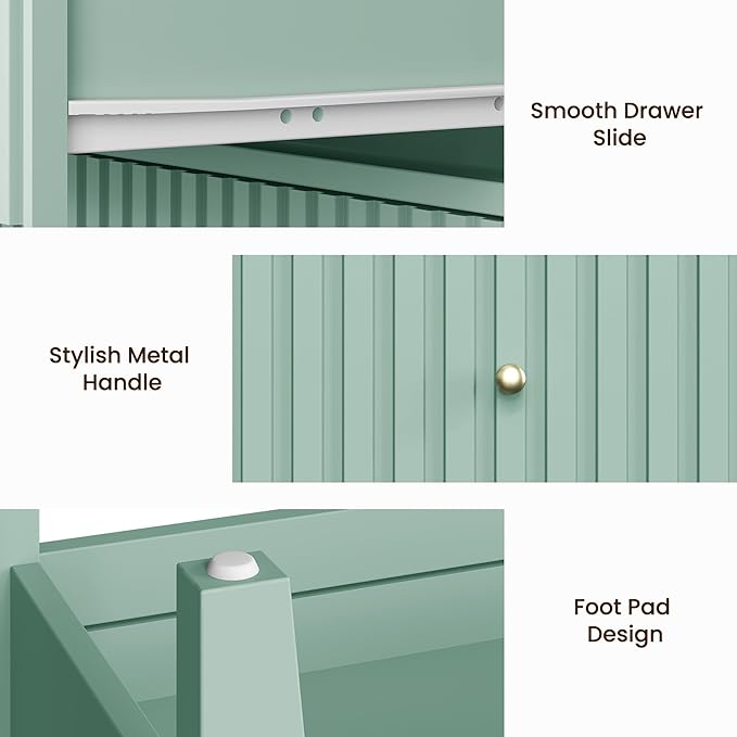 RoyalCraft Fluted Nightstand Set of 2, Colorful Nightstand with 2 Drawers, Modern Wooden End Table with Storage for Small Spaces, Side Table for Bedroom, Couch, Home Office, Milky Green