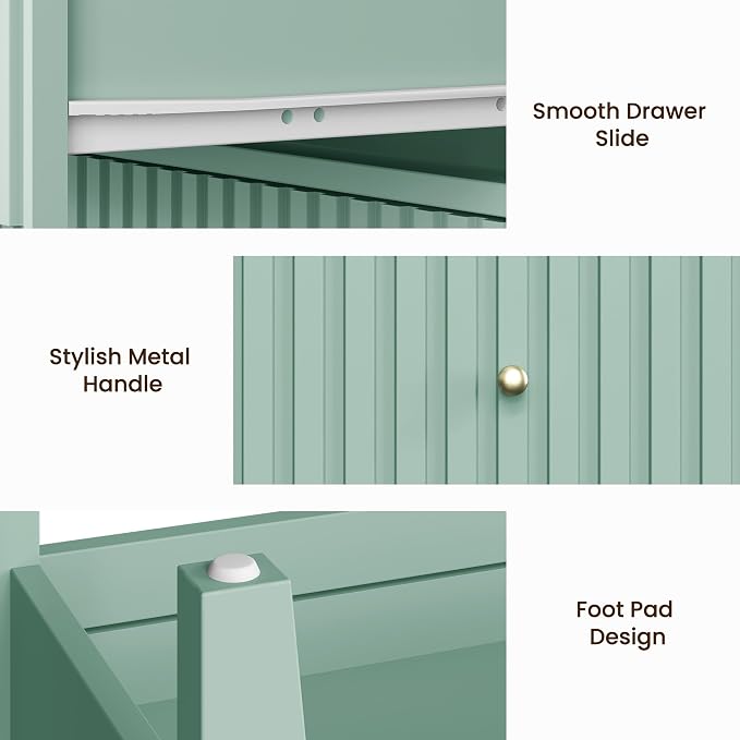 RoyalCraft Fluted Nightstand with 2 Drawers, Colorful Nightstand for Bedroom, Modern Wooden End Table with Storage for Small Spaces, Tall Side Sofa Table for Couch, Home Office, Milky Green