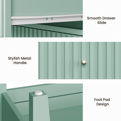 RoyalCraft Fluted Nightstand with 2 Drawers, Colorful Nightstand for Bedroom, Modern Wooden End Table with Storage for Small Spaces, Tall Side Sofa Table for Couch, Home Office, Milky Green