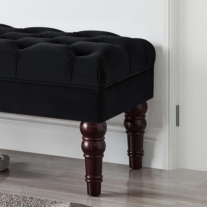 24KF Velvet Upholstered Buttons Tufted Entryway Bench with Solid Wood Leg,Bed Bench Ottoman with Padded Seat,5061N-Black