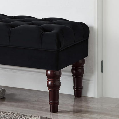 24KF Velvet Upholstered Buttons Tufted Entryway Bench with Solid Wood Leg,Bed Bench Ottoman with Padded Seat,5061N-Black