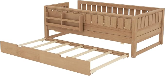 Bellemave Twin Size Kids Bed with high Rails and with Built-in Bookshelf and Trundle for Kids, Girls, Boys, Wood Montessori Bed Without Door, Natural