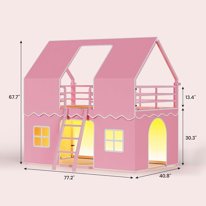 BTHFST Bunk Bed Twin Over Twin with Play Curtain, House Bunk Bed with LED Lights, Metal Kids Bunk Bed with Inclined Ladder and Guardrail, Space Saving, No Box Spring Needed, Pink