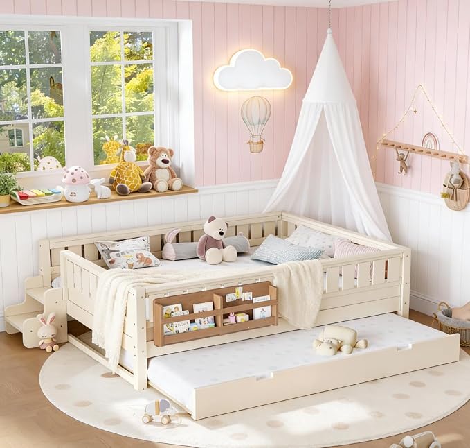 Bellemave Queen Size Kids Bed with high Rails and with Built-in Bookshelf and Trundle for Kids, Girls, Boys, Wood Montessori Bed Without Door, Beige