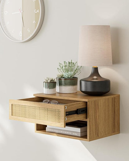 Floating Nightstand, Small Modern Floating Nightstand with Drawer, Floating Shelves for Bedroom, Bathroom (Oak Rattan)