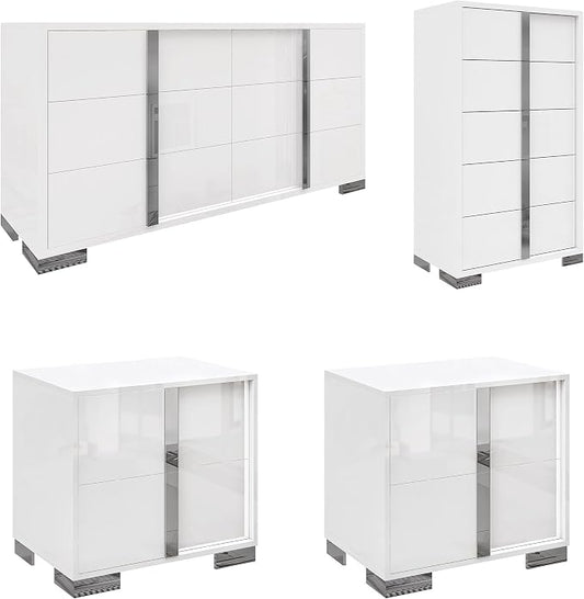 AMERLIFE 4 Piece Bedroom Dresser Set, Modern High Gloss UV Finish, 2 Nightstands, Chest of 5 Drawers & 6 Drawer Dresser, Electroplated Metal Handles, Bedroom Furniture Set, White