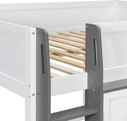 Bellemave Full Size Low loft Bed for Kids,Wood Modern Farmhouse Full Loft Bed with Storage Cabinets, No Box Spring Needed, White+Gray