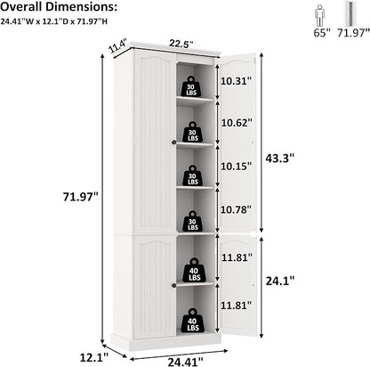Function Home 72" Kitchen Pantry Cabinet, Tall Wood Storage Cabinet with Doors and Adjustable Shelves, 6-Tier Freestanding Cupboard for Kitchen Dining Room Living Room Bathroom, White