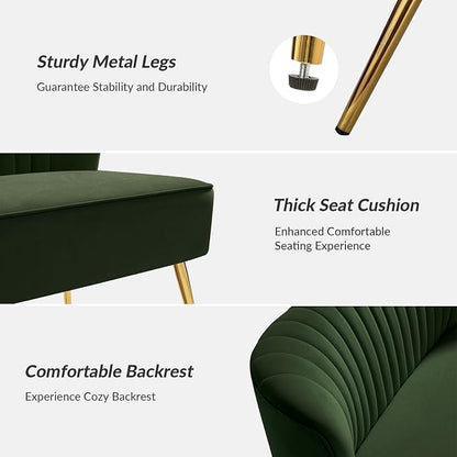 TINA'S HOME Mid-Century Velvet Loveseat Sofa, Upholstered Loveseat Couch with Golden Metal Legs, Small Tufted 2-Seat Sofa Armless Love Seat for Living Room Bedroom, Forest