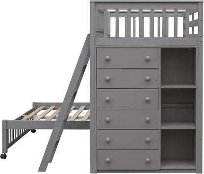 Merax Twin Over Full Bunk Bed with 6 Drawers and 3 Flexible Shelves, Wooden Bunk Bedframe with Storage and Movable Lower Bed, No Box Spring Needed