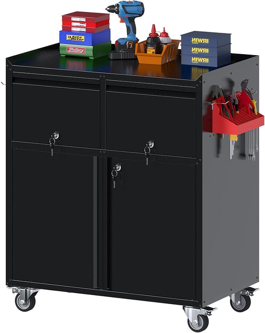 Metal Garage Storage Cabinet with Wheels, Rolling Tool Cabinet with Adjustable Shelf, 2 Drawers and 2 Doors for Tools, Garage,Workshop, Black, Assembly Required