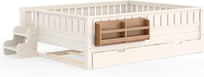 Bellemave Queen Kids Montessori Bed with Stairs, Bookshelf and Trundle, Solid Wood Kids Bed Frame with Storage for Boys Girls, Low Profile,Beige