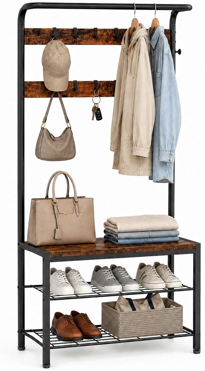 Simple Deluxe 4-in-1 Entryway Coat Rack, Hall Tree with Bench and Shoe Storage, Mudroom Bench with Storage and 10 Hooks Hall Tree Organizer for Entryway, Bedroom, Brown