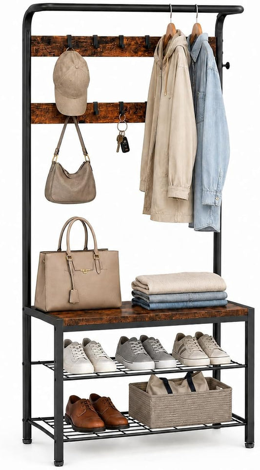 Simple Deluxe 4-in-1 Entryway Coat Rack, Hall Tree with Bench and Shoe Storage, Mudroom Bench with Storage and 10 Hooks Hall Tree Organizer for Entryway, Bedroom, Brown