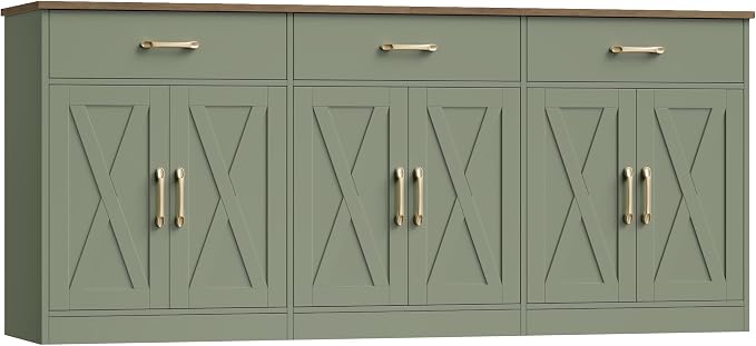 HOSTACK 71" Large Sideboard Buffet Cabinet with Storage, Farmhouse Coffee Bar Cabinet with 3 Drawers, Long Kitchen Buffet Table, Kitchen Sideboard Storage Cabinet for Dining, Living Room, Green/Brown
