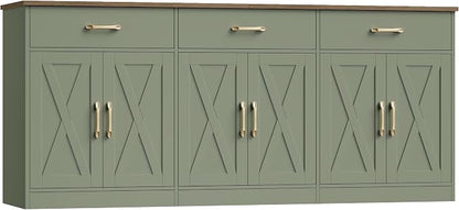 HOSTACK 71" Large Sideboard Buffet Cabinet with Storage, Farmhouse Coffee Bar Cabinet with 3 Drawers, Long Kitchen Buffet Table, Kitchen Sideboard Storage Cabinet for Dining, Living Room, Green/Brown