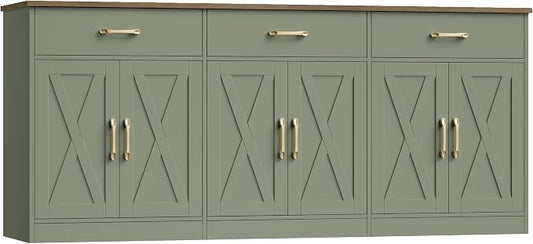 HOSTACK 71" Large Sideboard Buffet Cabinet with Storage, Farmhouse Coffee Bar Cabinet with 3 Drawers, Long Kitchen Buffet Table, Kitchen Sideboard Storage Cabinet for Dining, Living Room, Green/Brown