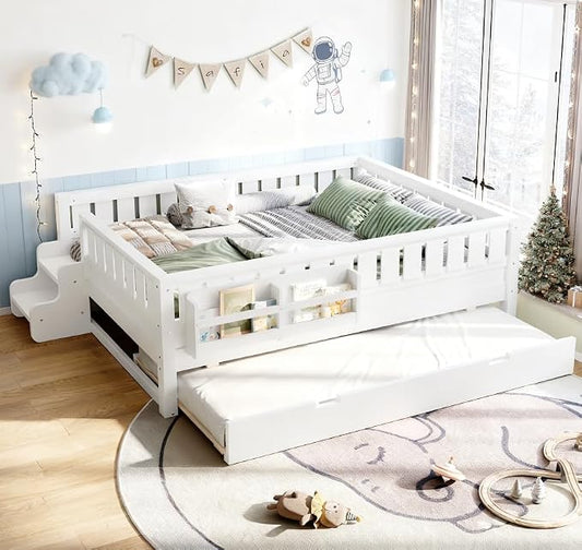 Bellemave Full Size Kids Bed with high Rails and with Built-in Bookshelf and Trundle for Kids, Girls, Boys, Wood Montessori Bed Without Door, White