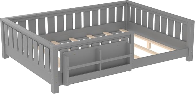 Bellemave Gray Montessori Floor Bed with Fence and Slats, Full Size Montessori Floor Bed with Bookcase and High Rails, Easy Assemble Bed Frame for Girls, Boys, Full