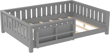 Bellemave Gray Montessori Floor Bed with Fence and Slats, Full Size Montessori Floor Bed with Bookcase and High Rails, Easy Assemble Bed Frame for Girls, Boys, Full