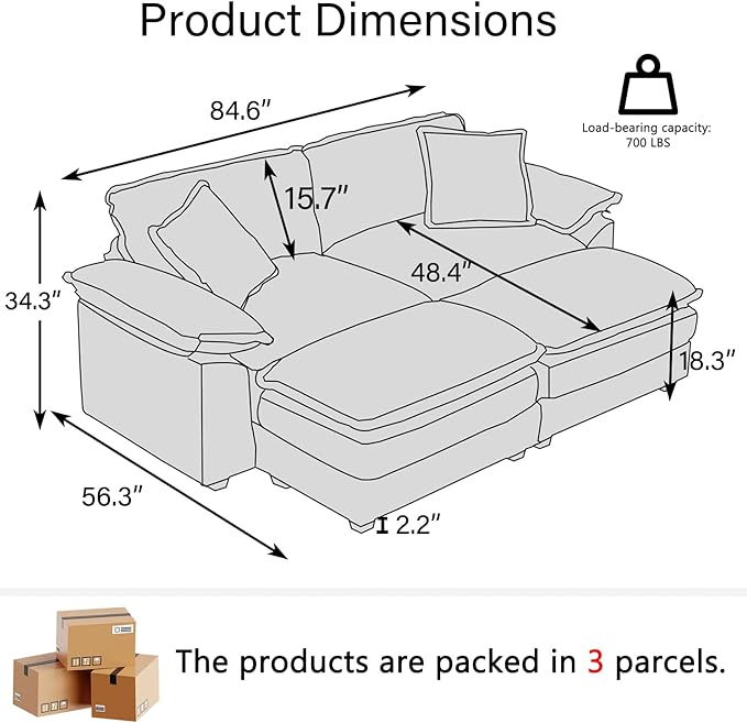 84.6” Corduroy Loveseat with Ottoman, Oversized Double Chaise Lounge Chair Indoor Deep Seat Two Seater Couch Cloud Couch Modular Sectional Sofa for Living Room(Corduroy Grey)