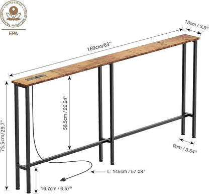 Keelian 63" Sofa Table Narrow Long - Power Outlets & 2 USB Ports, Metal Frame,Behind Couch Table Behind Sofa for Living Room, Hallway, Entrance- Easy Assembly, 4.9' Extension Cord Included.