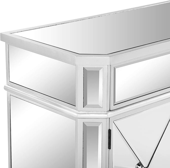 VINGLI Mirrored Cabinet, Mirrored Nightstand, Mirrored Dresser Accent Chest, Large Mirror Nightstand with 1 Drawer and Two Doors, 27.5”W x 13.4”D x 26.5”H, Mirror