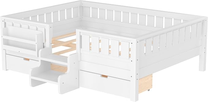 Bellemave Full Size Kids Montessori Bed with Stairs and Bookshelf,Solid Wood Full Size Kids Bed Frame with Drawers and Storage for Girls Boys,Low-Profile,White