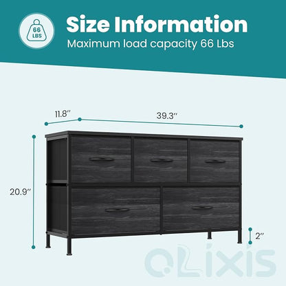 OLIXIS 5 Drawer Dresser for Bedroom, Storage Organizer Unit for Closet | Chest of Drawers for Clothes Storage with Bins, Wide Fabric Bedroom Dresser, Wooden Top, Living Room, Black Wood