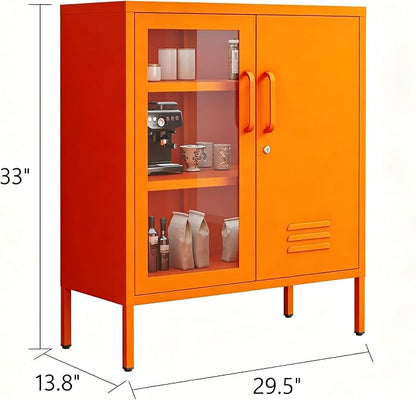 Storage Cabinet with Adjustable Shelves for Bathroom Living Room Foyer Kitchen Left Glass Door and Right Iron Door Orange Size：33" H x 29.5" W x 13.8" D