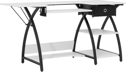 Sew Ready Comet Plus Craft Sewing Table, 56.75 x 23.5" Overall Platform Size with Accurate Fabric Cutting Grid-Top and Storage Drawer, Black/White