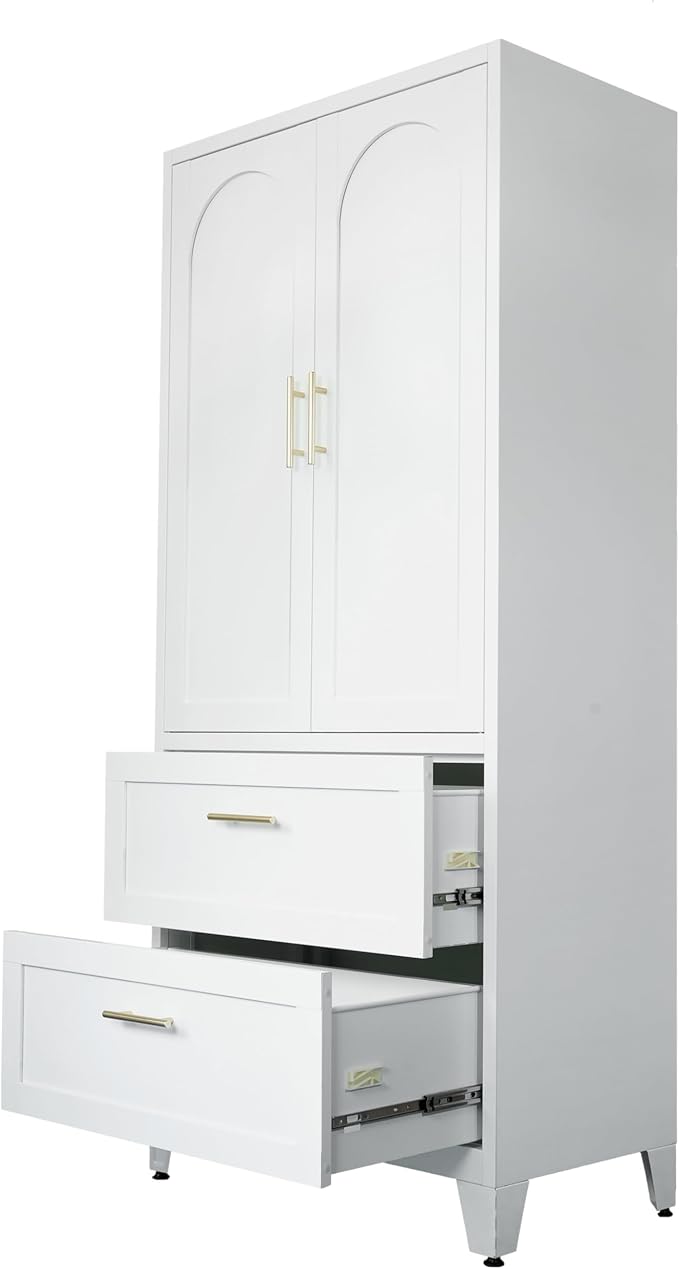 71" Tall Metal Wardrobe Cabinet with 2 Drawers and Hanging Rod, 2 Doors Wardrobe Closet with Shelf for Bedroom, Office, Laundry Room,Entryway,Foyer,Guesthouse White
