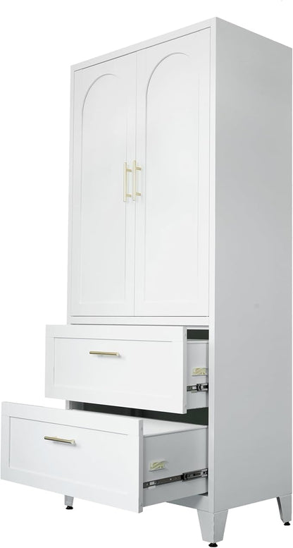 71" Tall Metal Wardrobe Cabinet with 2 Drawers and Hanging Rod, 2 Doors Wardrobe Closet with Shelf for Bedroom, Office, Laundry Room,Entryway,Foyer,Guesthouse White