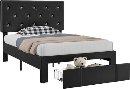 VECELO Twin Size Bed Frame with Storage Drawers, Leather Upholstered Bedframe with Diamond Tufted Headboard, Solid Wood Slat Support, No Box Spring Needed, PU Black