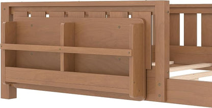Bellemave Queen Size Floor Bed with high Rails and with Built-in Bookshelf for Kids, Girls, Boys, Wood Montessori Floor Bed Without Door, Natural