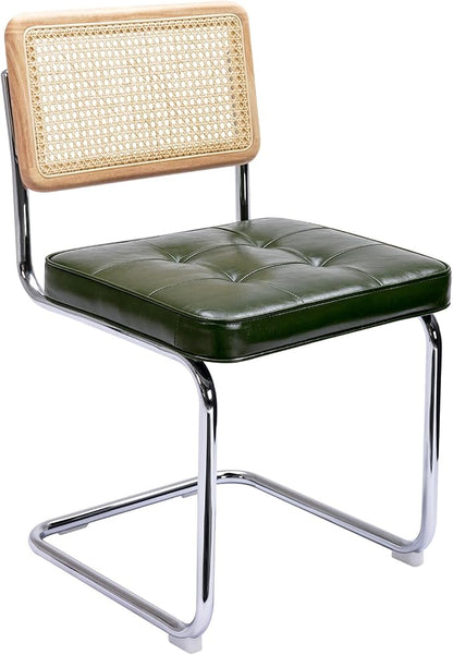 Zesthouse Natural Rattan Dining Chairs Set of 2, Mid Century Modern Dining Room Chairs with Chrome Leg, Faux Leather Kitchen Chair with Solid Wood Back & Cane Mesh, Breuer Cesca Design Inspired, Green