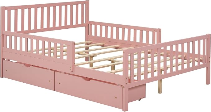 Kids Full Size Bed Frame with Storage Drawers, Wood Full Bed Frames for Kids, Full Bed Frame with Headboard and Footboard for Boys Girls, No Box Spring Needed,Pink
