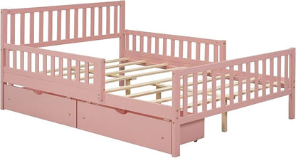 Kids Full Size Bed Frame with Storage Drawers, Wood Full Bed Frames for Kids, Full Bed Frame with Headboard and Footboard for Boys Girls, No Box Spring Needed,Pink