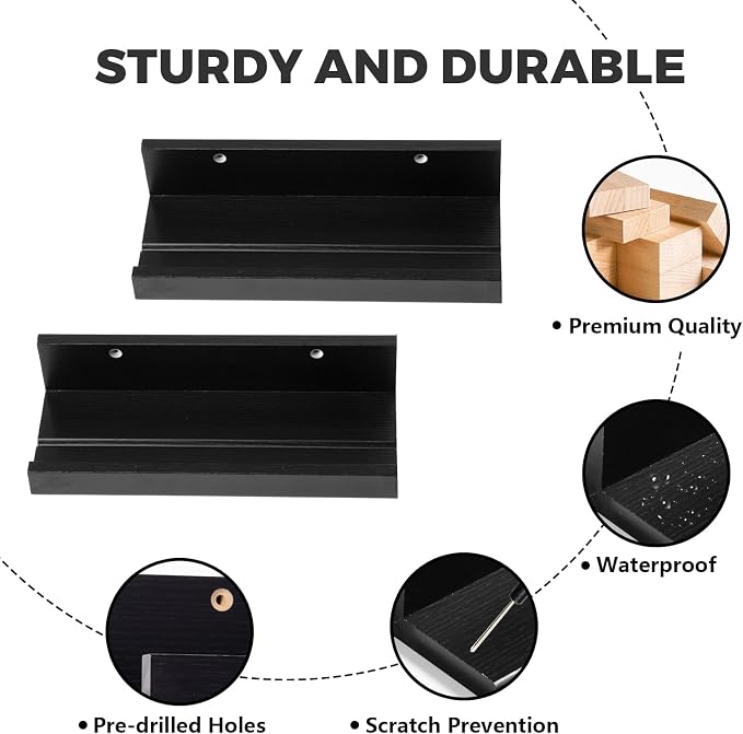 Muzilife 12" Small Floating Wall Ledge Shelves with Lip - Set of 4 Wood Floating Shelves - Black Wall Mounted Picture Ledge for Office, Bathroom, Bedroom, Living Room, Kitchen
