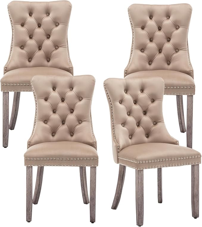 Hixkol Velvet Dining Chairs Set of 4,Upholstered Dining Chairs with Ring Pull Trim and Button Back,Modern Seating for Kitchen, Bedroom & Living Room(Khaki)