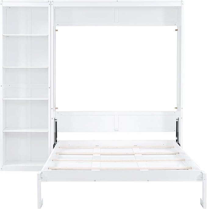 Merax Space-Saving White Murphy Bed Queen Size with Adjustable Storage Shelves, Multifunctional Foldable Wall Bed for Small Spaces Studio Study Office Guest Room