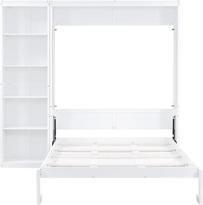 Merax Space-Saving White Murphy Bed Queen Size with Adjustable Storage Shelves, Multifunctional Foldable Wall Bed for Small Spaces Studio Study Office Guest Room