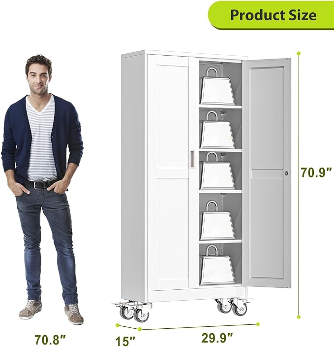 Metal Garage Storage Cabinet with Wheels, 70.9" H x 29.9" W x 15" D, Lockable Rolling Steel Tool Cabinet with Adjustable Shelves, Heavy Duty Garage Cabinet for Workshop, Basement, Home, White