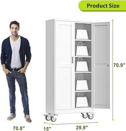 Metal Garage Storage Cabinet with Wheels, 70.9" H x 29.9" W x 15" D, Lockable Rolling Steel Tool Cabinet with Adjustable Shelves, Heavy Duty Garage Cabinet for Workshop, Basement, Home, White