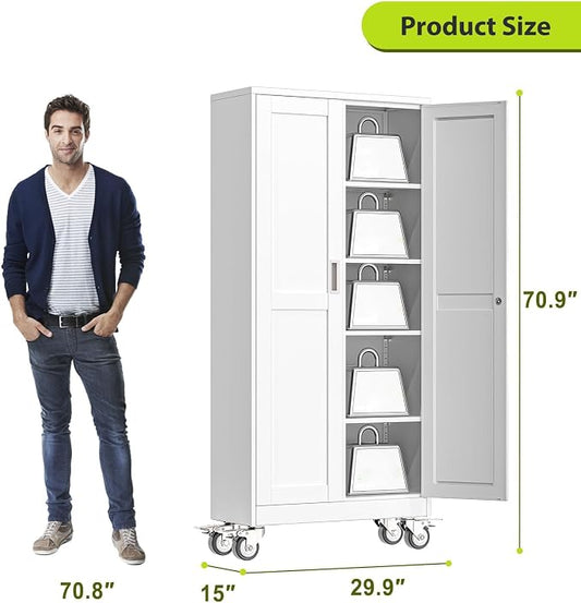 Metal Garage Storage Cabinet with Wheels, 70.9" H x 29.9" W x 15" D, Lockable Rolling Steel Tool Cabinet with Adjustable Shelves, Heavy Duty Garage Cabinet for Workshop, Basement, Home, White