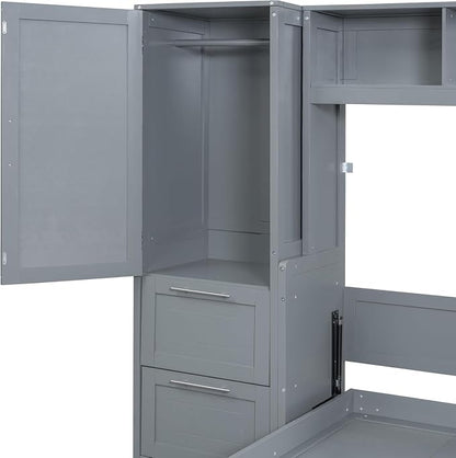 Virubi Full Horizontal Murphy Bed with Storage Wardrobe Closet,2 Drawer,4 Storage Shelves,Wood Folding Murphy Wall Bed Cabinet for Adult (Grey)