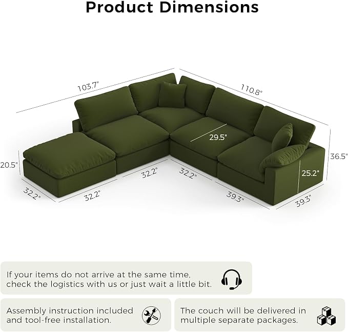 143" Cloud Modular Sectional Sofa,Green Down Filled Sofa 4 Seat with Chaise,Minimalist Sofa Cover Washable and Replaceable Couches for Living Room,Sectional Sofa Deep Seat