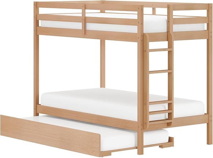 Grain & Grove Bear Twin Over Twin Bunk Bed with Trundle Bed, Sturdy Bunk Bed Frame for Kids, Plywood Bunk with Ladder, Guardrail, and Slats, No Box Spring Required, Oak Embossed Natural