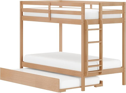 Grain & Grove Bear Twin Over Twin Bunk Bed with Trundle Bed, Sturdy Bunk Bed Frame for Kids, Plywood Bunk with Ladder, Guardrail, and Slats, No Box Spring Required, Oak Embossed Natural