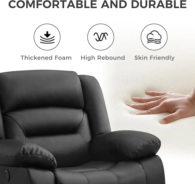 EBELLO Classic Power Recliner Chair, Faux Leather Oversized Electric Overstuffed Chair with Thicked Cushion and Back, Single Sofa with Comfortable Armchair, Black, 2Pcs